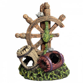 Aqua One Ornament Twin Barrel with Ship Wheel 4.5 x 3.5 x 6cm - Www.goldfishpagoda.co.nz