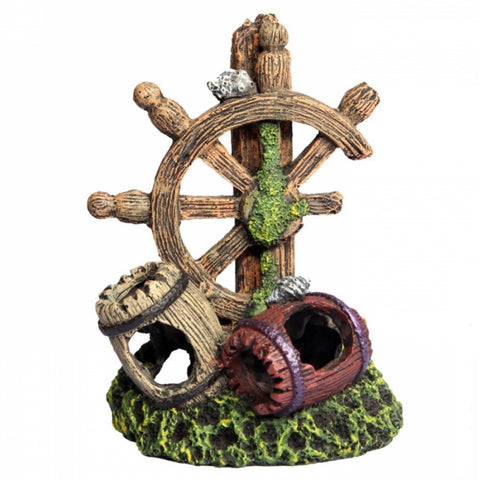 Aqua One Ornament Twin Barrel with Ship Wheel 4.5 x 3.5 x 6cm